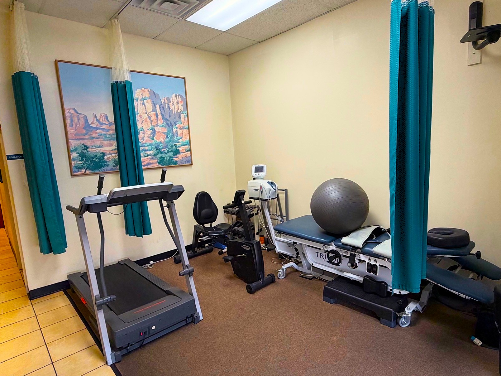 Rehabilitation room at Chirohealth & Rehab LLC with a treadmill, exercise bike, therapy ball and a Triton decompression table